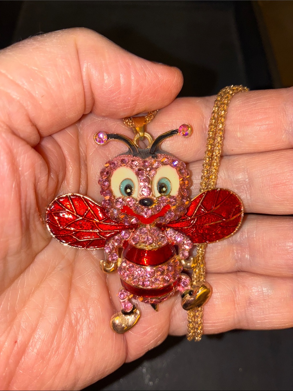 Whimsical Pink & Red Bee Pendant Necklace. It’s The Bee You’re Thinking Of